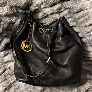 Michael Kors Black Leather Bucket Bag with Gold Accents